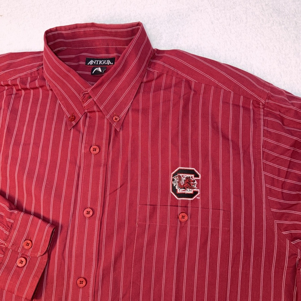 Antigua South Carolina Shirt Mens X Large Burgandy w/White Stripes Button Down